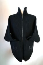 Wool Knit Cardigan with H Leather Pockets Black Size 36