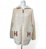 Wool Knit Cardigan with H Leather Pockets White Size 38