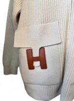 Wool Knit Cardigan with H Leather Pockets White Size 38 - Image 5