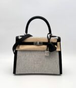 Kelly 25 Sellier Toile Ecru / Black Swift PHW